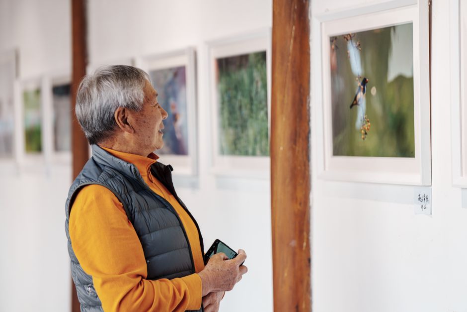 Senior man appreciating framed artwork in a gallery.